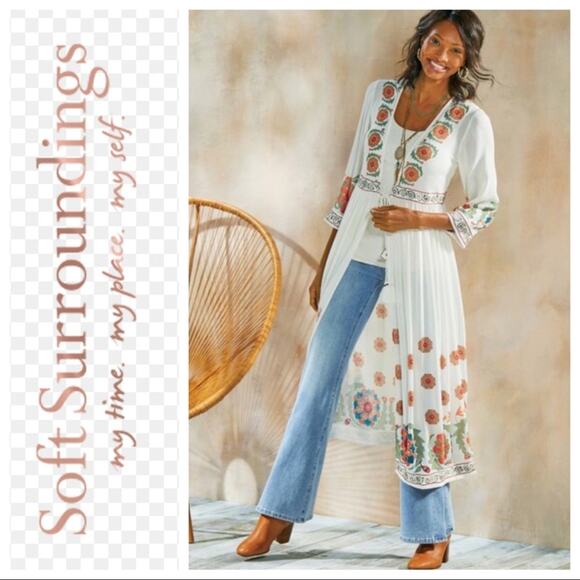 Soft Surroundings Tassel Embroidered Floral Bohemian Caldera Duster Kimono Sz S - Picture 1 of 13